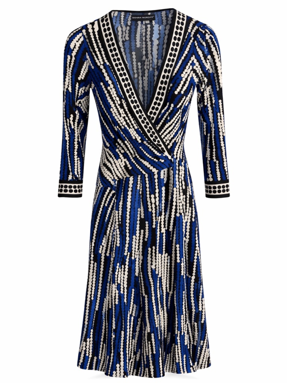 Donna Morgan Blue, White & Black Long Sleeve Faux Wrap Dress